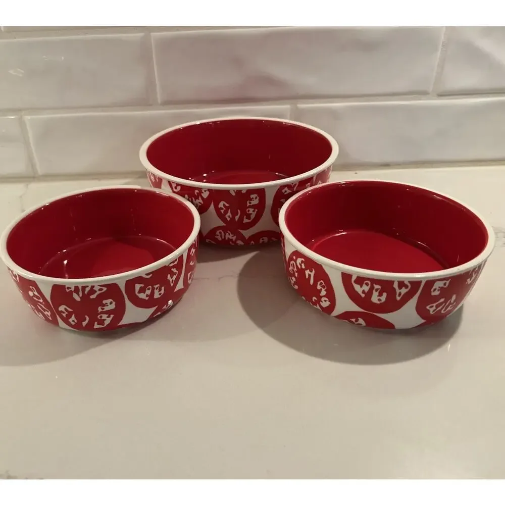 Crate & Barrel set of 3 Ceramic Red‎ & White Pattern Nesting Bowl Serving Set